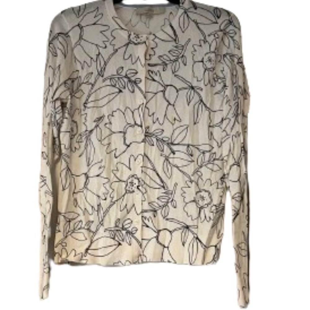 Loft Off-White Long Sleeve Cardigan w/Black Stitched Flowers - Medium